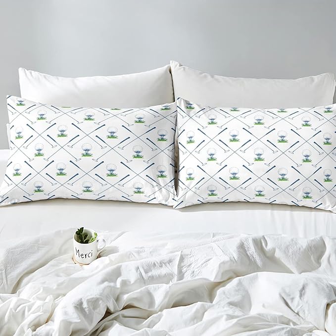 Erosebridal Golf Comforter Set Queen Size Golf Club Bedding Set Sport Game Athlete Grass Leaf Branches Down Comforter for Men, Room Decorative 3 Pieces Comforter with 2 Pillow Cases, White