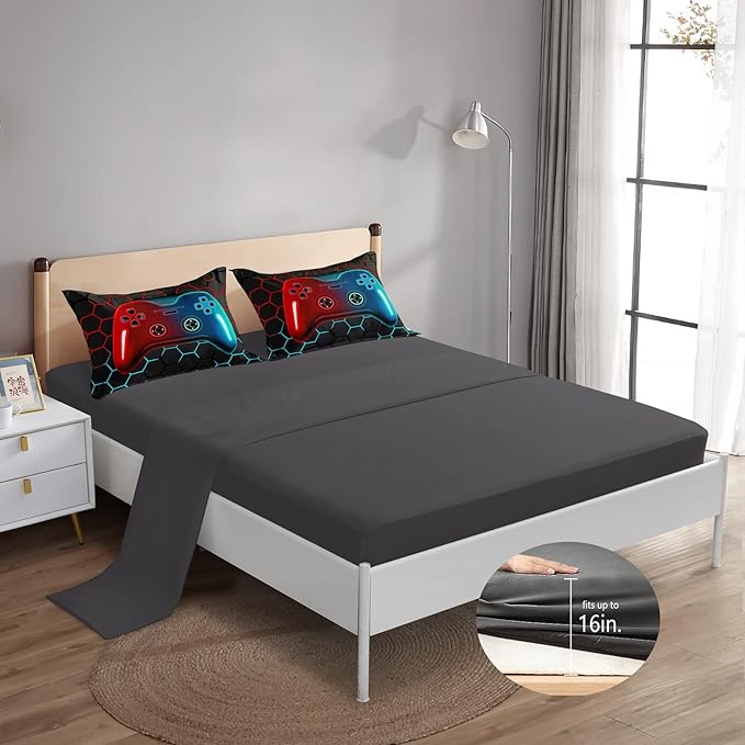 6 Pieces Bed in A Bag Gamer Bedding Set for Boys Kids Adult Gaming Comforters Set,Boys Bed in A Bag Set Full Size Comforter with Fitted Sheet Flat Sheet Pillowcase pillowsham,DJTH5028Full