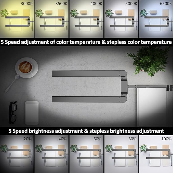 Transformable LED Desk Lamp, 37.4" Architect Desk Light with Clamp, 3 Light Bars for Home Office, 24W Ultra Bright Auto Dimming 5 CCT Modes & 5 Brightness Levels Table Light for L Shaped Desk