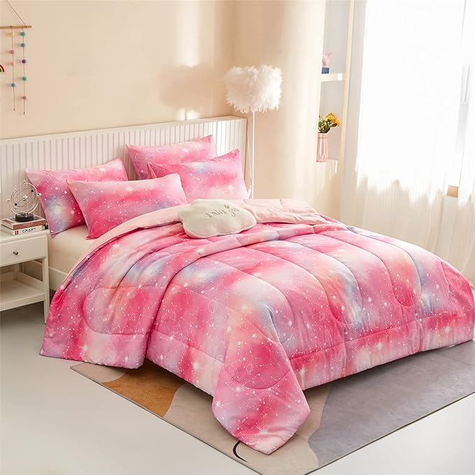 KAKKI Pink Galaxy Queen Comforter Set, 3-Piece, 88"x88"