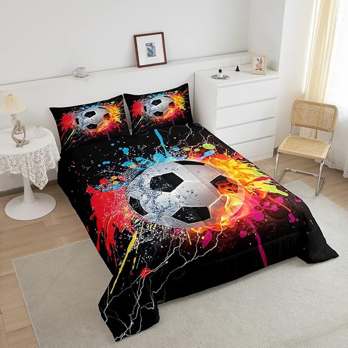 Kids Soccer King Size Comforter Set For Boys Football Sports Bedding Set Teen Colorful Grunge Hippie Tie Dye Quilt Comforter Red Blue Water Fire Lightning Duvet Insert Lightweight Bedroom Dorm Decor
