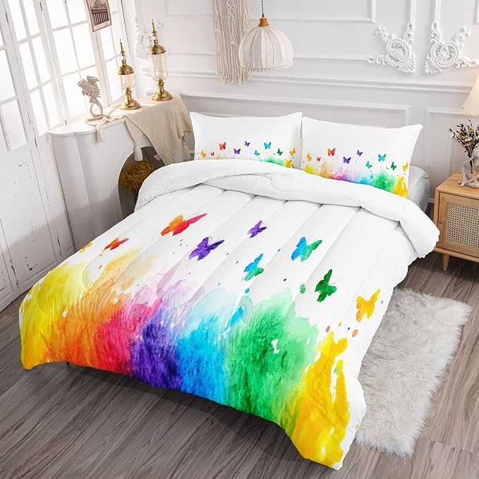 CVHOUSE Butterfly Bedding Set,Butterfly Comforter Queen,Butterfly Comforter Set for Girls Kids Teens,Butterflies Quilt Set with 1 Comforter and 2 Pillow Cases- 3 Piece