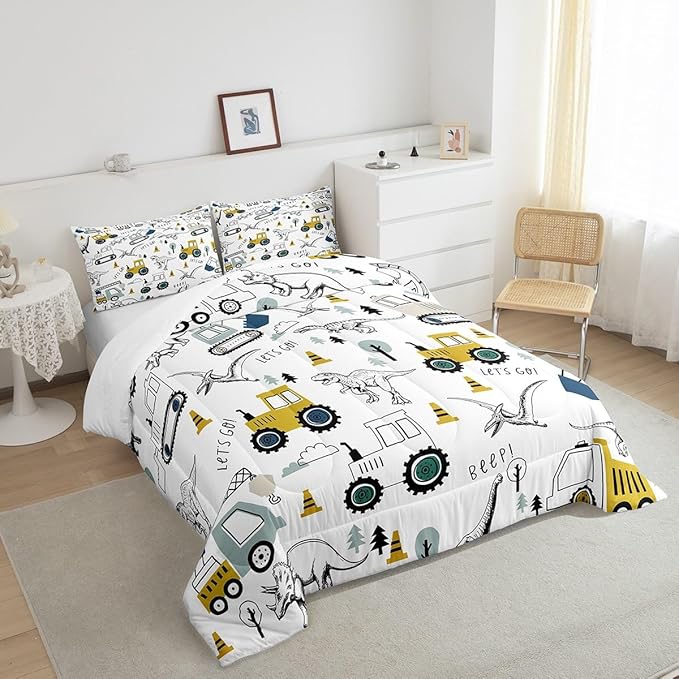 Feelyou Construction Comforter Set King Size Kids Cartoon Car Excavator Tractor Toddler Comforter Equipment Trucks Dinosaur Comforter Set Construction Vehicles White Yellow Duvet Set Quilt Set