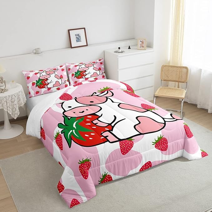 Feelyou Milk Cow Comforter Pink White Cow Strawberry Pattern Comforter Set Bedding Set for Kids Adults Kawaii Girls Milk Cow Print Duvet Set Ultra Soft Room Decor Full Size Quilt Set