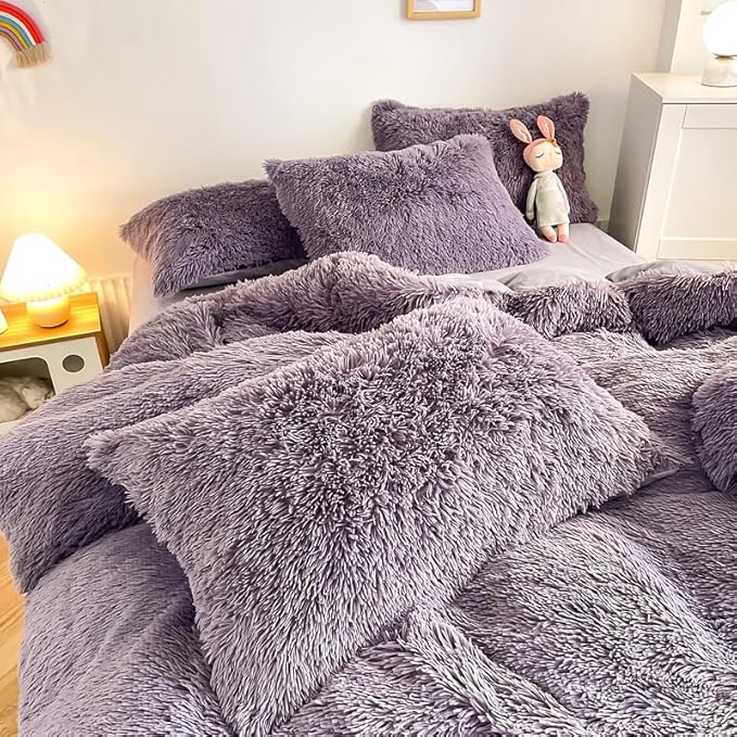 Faux Fur Kid Girls Purple Comforter Sets Queen - 3PC Bed Set Warm Comfortable Soft Plush Flannel Velvet Fluffy Fuzzy Bedding（Comforter x 1 Pillowcases x 2）