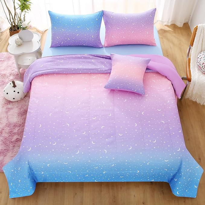 JQinHome Twin Girls Comforter Set,6 Piece Bed in A Bag 3D Purple Orange Glitter Bedding Set -All Season Microfiber Rainbow Bedding Sets for Girls Women