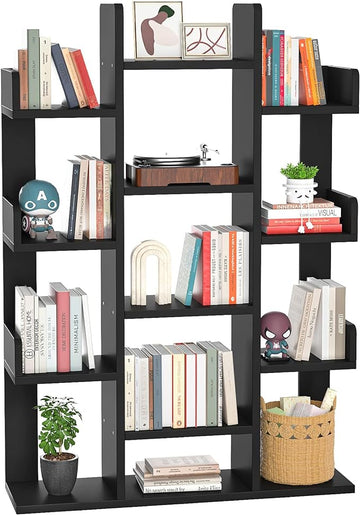 Aheaplus Bookshelf, Tree-Shaped Bookcase Storage Shelf with 13 compartments, Books Organizer Display Cube Shelves, Industrial Free Floor Standing Wood Open Bookshelves, Black