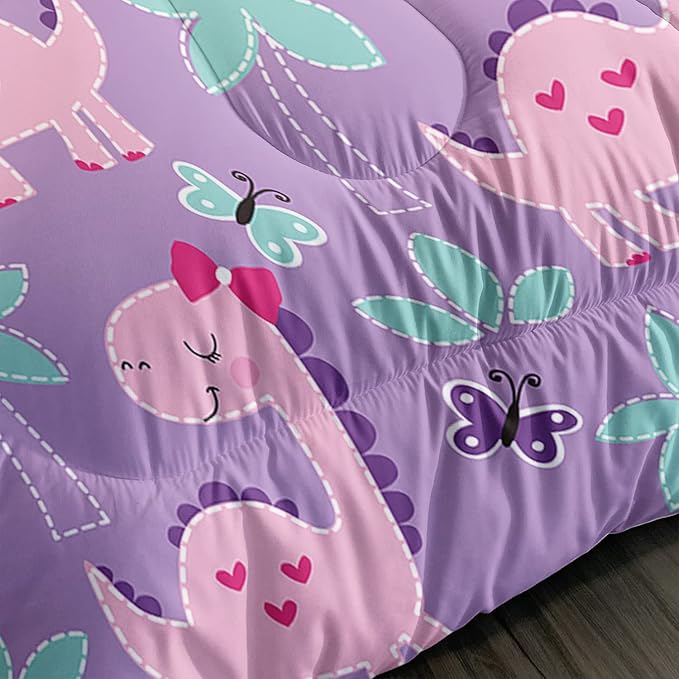 Axolotl Cute Dinosaur Comforter Set Full Size,Girls Bedding Cartoon Dinosaur Bedding Set for Girls Teens Kids Boys Adults Room Decor,Kids Comforter Set All Season,1 Quilt 2 Pillow Cases,Purple