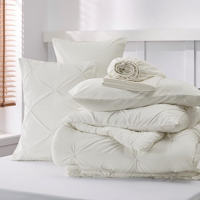 Bedsure California King Comforter Set - Cal King Bed Set 7 Pieces, Pinch Pleat Ivory Cali King Bedding Set with Comforter, Sheets, Pillowcases & Shams