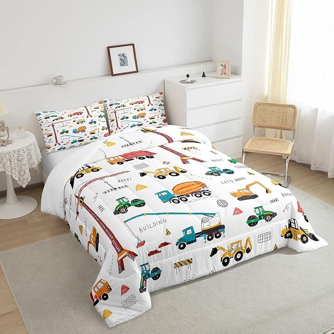 Feelyou Heavy Machinery Truck Bedding Set Tractor Crane Comforter Set for Kids Boys Girls Youth Construction Site Comforter Nursery Decor Quilt Set Room 2Pcs Twin Size