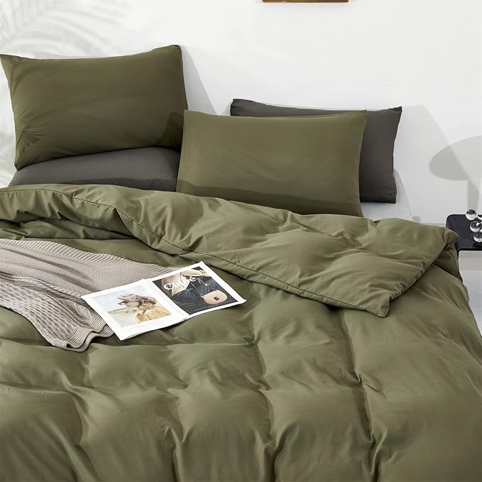 Olive Green Comforter Set Queen Size Solid Green Comforter 3 Pieces Soft Dark Green Queen Comforter Bedding Set Women Pure Olive Green Queen Bed Comforter Set for All Season as Gift