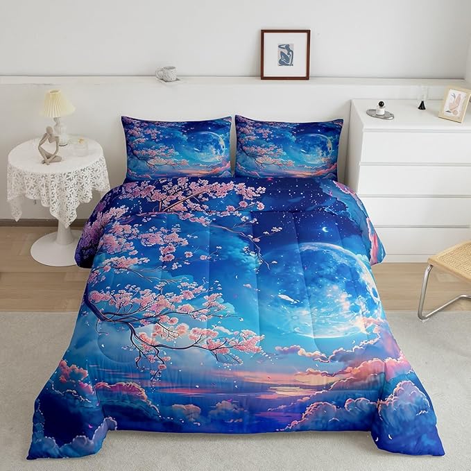 Manfei Cherry Blossoms Comforter Set King Size,Moonnight Cloud Starry Sky Bedding Set,Girls Women Room Decor,Sakura Flowers Chinese Style Down Comforter,Pink Blue Romantic Duvet Insert,2 Pillowcases