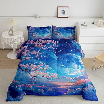 Manfei Cherry Blossoms Comforter Set Queen Size,Moonnight Cloud Starry Sky Bedding Set,Girls Women Room Decor,Sakura Flowers Chinese Style Down Comforter,Pink Blue Romantic Duvet Insert,2 Pillowcases