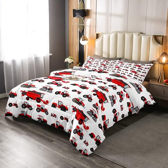 Erosebridal Red Tractor Comforter Set Twin Size Heavy Equipment Truck Down Comforter Kids Boys Girls Teens Harvester Tractor Bedding Set Construction Excavator Farm Equipment Quilt Set