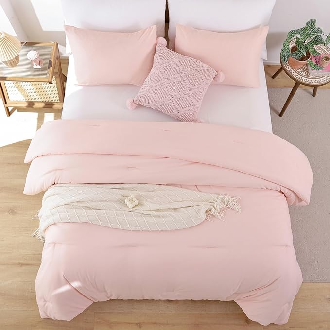 ROSGONIA Twin Comforter Set for College Girls Boys Blush, 1 Boho Pink Comforter & 1 Pillowcase, Lightweight Kids Comforter Sets Dorm Bedding