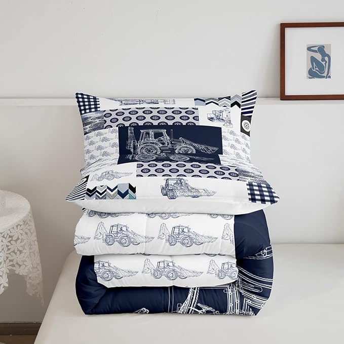 Feelyou Kids Construction Comforter Set King Size Equipment Trucks Bedding Set for Boys Cartoon Car Excavator Tractor Comforter Construction Vehicles Plaid Grid Blue and White Duvet Set