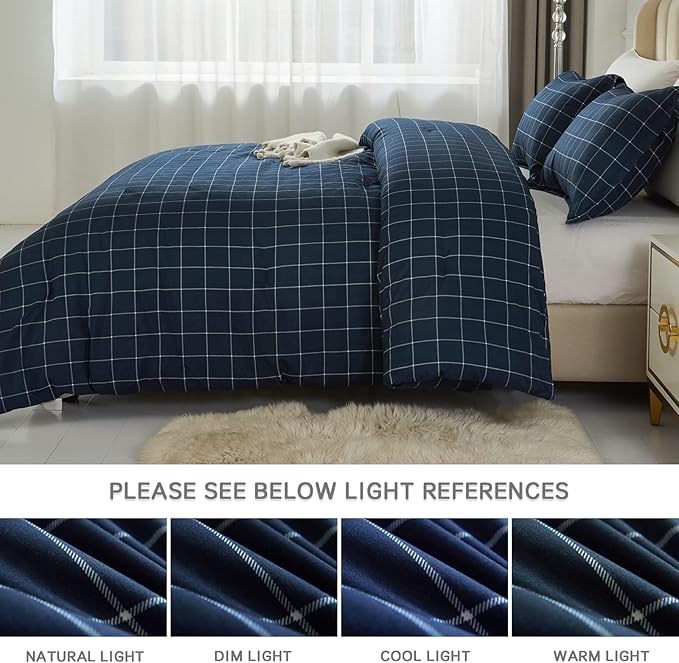 Andency Navy Grid Comforter Set Queen Size (90x90 Inch), 3 Pieces(1 Grid Comforter and 2 Pillowcases), Summer Lightweight Microfiber Down Alternative Navy Comforter with White Lines