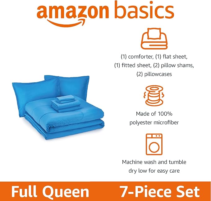 Amazon Basics 7 Piece Microfiber Kid's Bed-in-a-Bag Bedding Set, Full/Queen, Blue, Solid