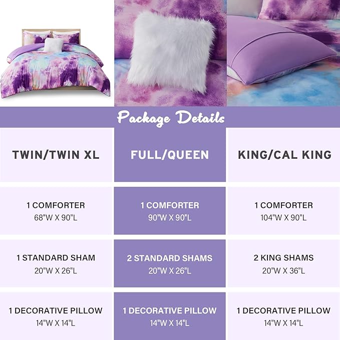 Intelligent Design Twin Comforter Set, Watercolor Twin Bedding Sets, Tie Dye Comforter Set for Teen Girl & Boys, 3 Pieces Cassiopeia Comforter, Sham, Throw Pillow Twin/Twin XL Lavender