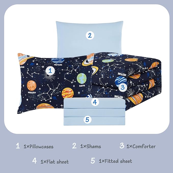 Twin Comforter Set with Sheets - 5 Pieces Kids Twin Bedding Sets, Glow in The Dark Space Twin Bed in a Bag with Comforter, Sheets, Pillowcase & Sham