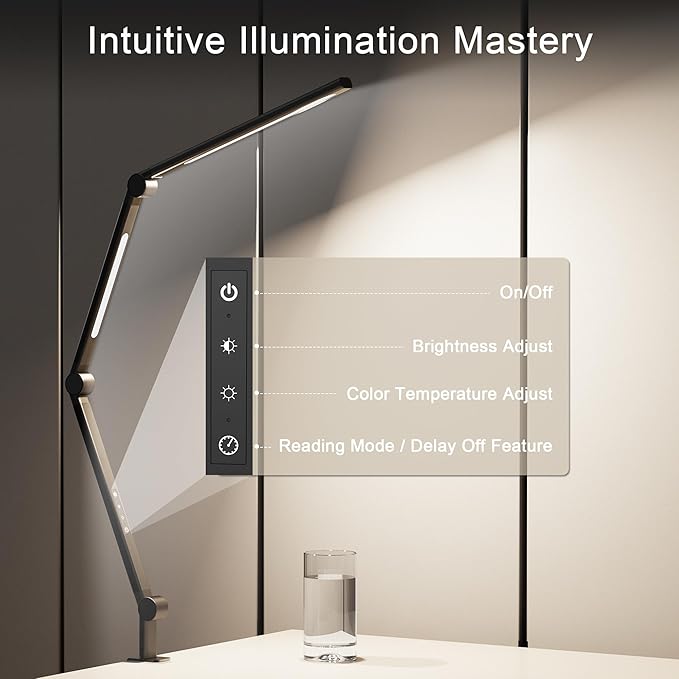 LED Desk Lamp with Clamp, Adjustable Swing Arm, Dual Light Sources, Stepless Dimming, Modern Table Light for Home Office, Work, Study, Flexible, Eye-Caring Clip-on Desk Light