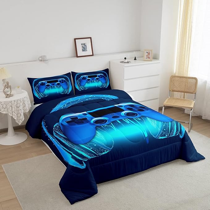 Gamer Comforter Set Twin Size,Blue Headphones Musical Design Games Gamepad Bedding Set for Kids Boys Video Game Room Decor Retro Playing Gamer Down Comforter Gaming Controller Quilted Duvet Set