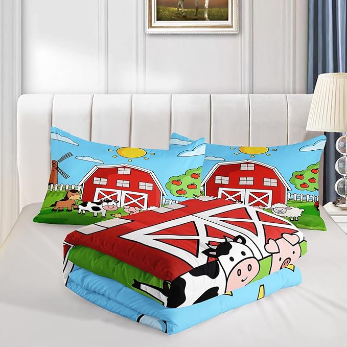 Farm Animals Comforter,Farmhouse Comforter Set for Kids Teens Girls Boys,Cartoon Animals 3Pcs Bedding Set Printed Comforter with 2 Pillowcases,Down Alternative,Soft and Lightweight，King Size