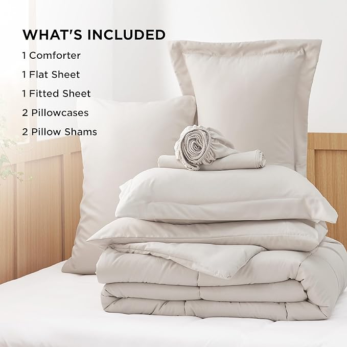 Bedsure Beige King Size Comforter Set - 7 Pieces Solid King Bed in a Bag, King Bed Set Beige with Comforters, Sheets, Pillowcases & Shams