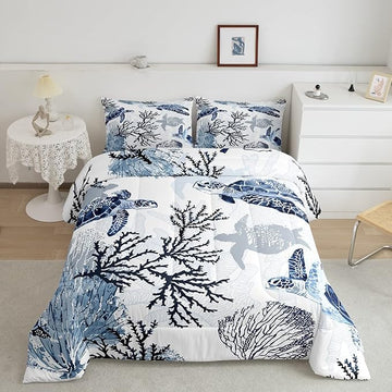 Turtle Comforter Set Queen,White Blue Hawaiian Turtle Bedding for Kids,Reptile Tortoise Quilt Duvet Set Coastal Beach Theme Comforter Retro Sea Turtle Bed Set for Boys Girls Bedroom Decor(Marine life)
