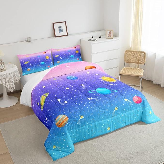 Erosebridal Cute Galaxy Comforter Set King for Boys Girls Kids Stars Planet Space Bedding Set Kawaii Rainbow Pastel Bedding Comforter Sets Pink Blue Purple Ombre Cartoon Quilt Duvet 2 Pillow Cases