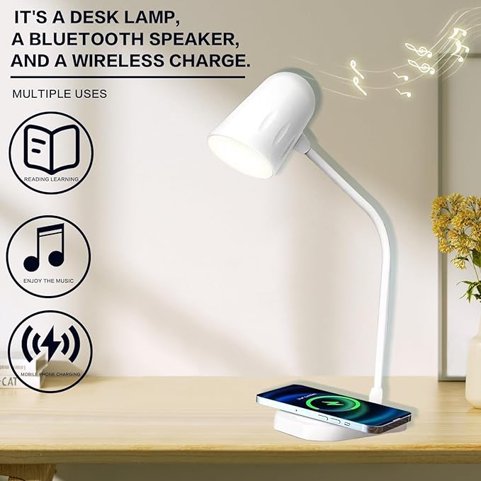 Led desk lamp with wireless charger, Bluetooth Speaker, Dimmable Table Lamp with 3 Lighting Mode, Touch Control, USB Charging Port Desk Light for Home Office Dorm Reading Work Study ( Color : Black )
