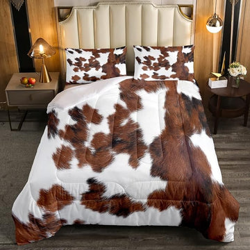 Erosebridal Cowhide Comforter Set for Kids Boys, Cute Brown White Cow Bedding Set Full Size, Farm Animal Skin Down Comforter Western Cowboy Country Duvet Sets Farmhouse Decoration