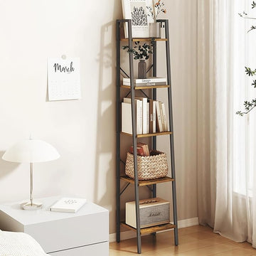 Ladder Shelf, Bookshelf Bookcase, Freestanding Corner Storage Shelve with 2 Hooks for Home Office, Living Room, Kitchen, Bedroom, Industrial, 5-Tier Rustic Brown BC03201B