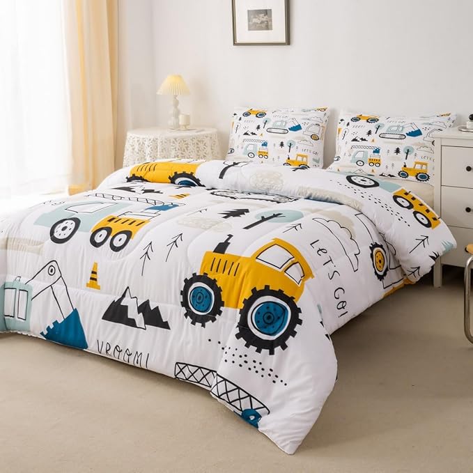Feelyou Cartoon Car Kids Comforter Set Construction Bedding Set Decor Equipment Trucks Comforter Cartoon Car Excavator Tractor White Yellow Duvet Set Bedroom Quilt Set 3Pcs Queen