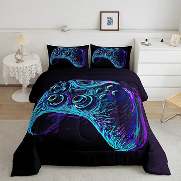 Gamer Comforter Set for Boys Teens Blue and Black Gaming Bedding Set Video Game Bedding Home Decor for Kids Comforter Full Size 3 Pieces Gamepad Quilted Duvet Set 1 Comforter with 2 Pillowcases