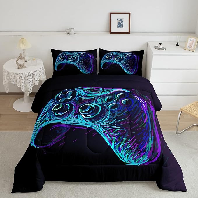 Gamer Comforter Set for Boys Teens Blue and Black Gaming Bedding Set Video Game Bedding Home Decor for Kids Comforter Full Size 3 Pieces Gamepad Quilted Duvet Set 1 Comforter with 2 Pillowcases