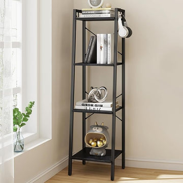 Ladder Shelf, Bookshelf Bookcase, Freestanding Corner Storage Shelve with 2 Hooks for Home Office, Living Room, Kitchen, Bedroom, Industrial, 4-Tier Black BC13204B