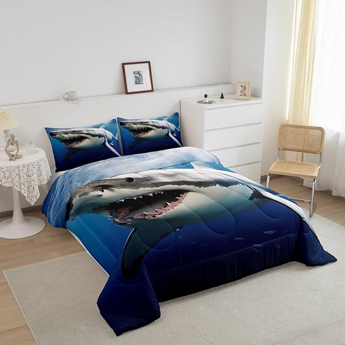 Kids Comforter Set for Boys Girls,3D Shark Fish Down Comforter 3 Piece Hawaiian Beach Theme Bedding Quilted Duvet Set Ocean Sea Animal Pattern Blue Duvet Insert for Toddler Teen Bedroom Decor,King