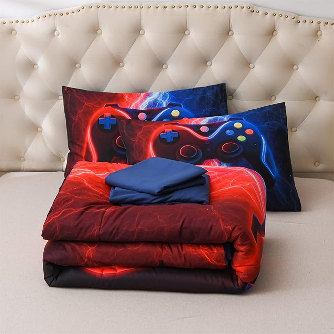 Meeting Story Gamer Gaming Bedding Sets Red Blue Lightnings Gamepad Comforter Set for Boys Games Console Action Buttons Novelty Colorful Modern Room Decor Home Quilt Set (Red-Blue, Full 5Pcs)