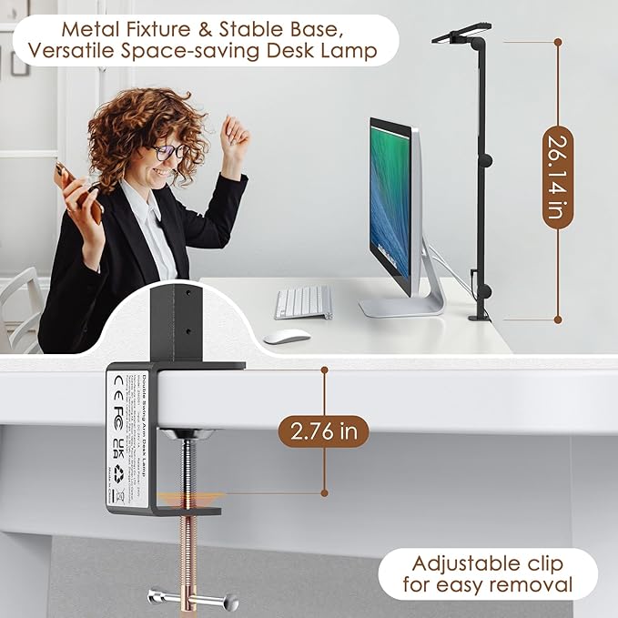 LED Desk Lamp, Flexible Desk Light with Clamp, Dual Light 25 Lighting Eye-Caring Modes Table Lamp with Solid Base, Eye-Caring Desk Lamp with Remote Control,Reading Desk Lamps for Home Office