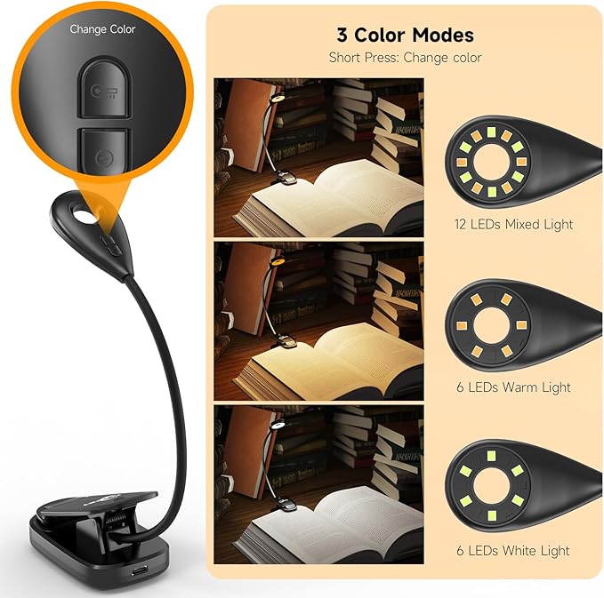Book Lights for Reading in Bed, 12 LEDs Rechargeable Battery Clip Lamp with 3 Lighting Color, Stepless Dimming, Eye Protection, 80 Hours Runtime, 360° Flexible Gooseneck, Lightweight, Portable