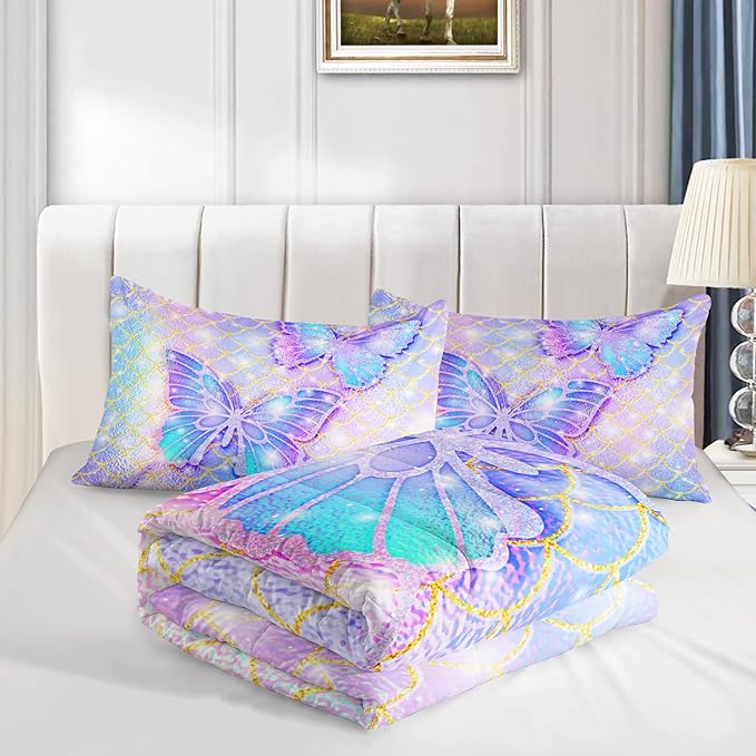 CVHOUSE Butterfly Comforter Set King Size,Rainbow Mermaid Butterfliy Bedding Set for Kids Girls,Rainbow Mermaid Butterflies Quilt Set Butterfly Duvet Set Girl's Bedroom Decor 3 Pieces