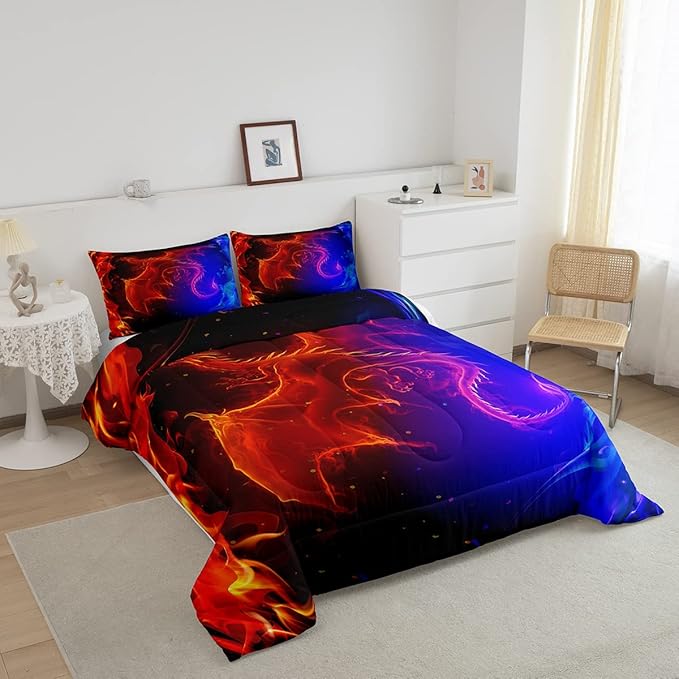 Erosebridal Dragon Comforter Set Nebula Bedding Set Twin Size Mysterious Outer Space Quilted Duvet Trippy Duvet Set for Kids Boys Girls Teens Young Man Room Decorative, Blue Red