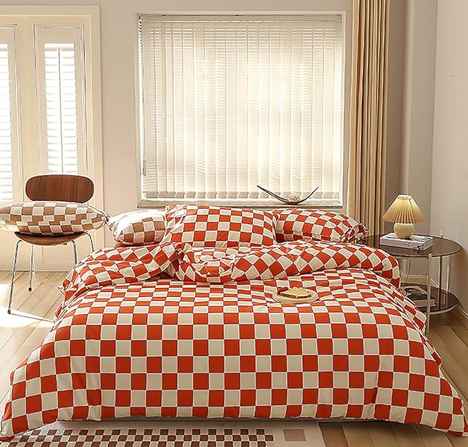 Orange White Grid Comforter Set Full Burnt Orange Plaid Bedding Set Girls Reddish and White Checkered Bed Comforter Set Breathable Blanket Set Kids Durable Bedding Comforter Set