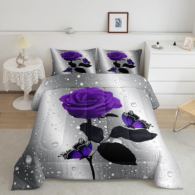 3D Rose Comforter Set Rose Floral Print Bedding Set Romantic Flowers Comforter for Kids Boys Girls Children Teens Bedroom Decor Purple Rose Butterfly Duvet Set King Size Quilt Set With 2 Pillow Case