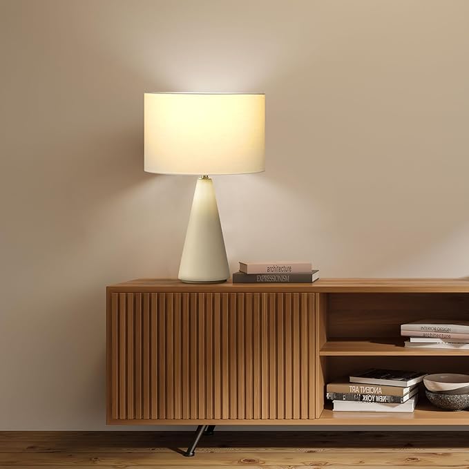 Brightech Nathaniel LED Table Lamp - Modern White Cement Tower Table Lamp for Bedside, Nightstand, Desk - Cozy Soft White Light for Living Room, Bedroom