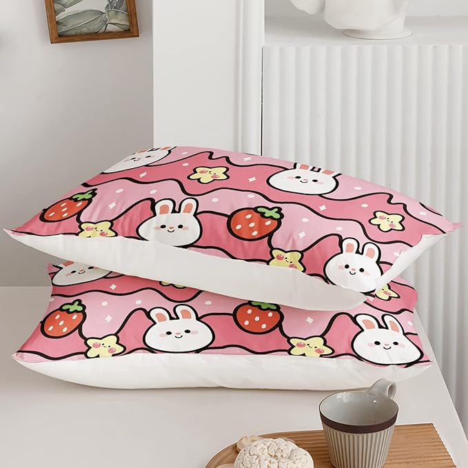 Kawaii Rabbit Comforter,Strawberry Rabbit Comforter Set for Kids Teens Girls,3Pcs Bedding Set Printed Comforter with 2 Pillowcases,Down Alternative,Soft and Lightweight(Pink，Full Size)