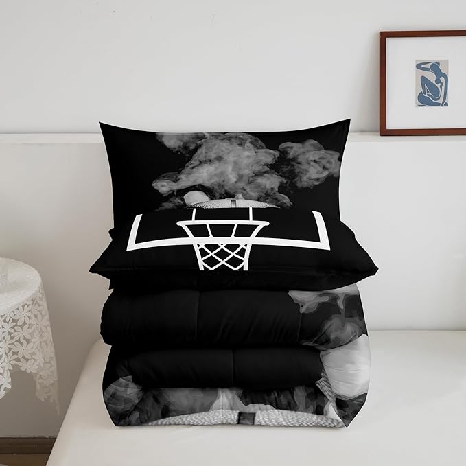 Erosebridal Basketball Comforter Set for Boys Teen King Size Sports Basketball Bedding Set Basketball Room Decor Reversible Black Down Comforter Grey Hippie Smoke Quilt Duvet Insert 2 Pillow Case
