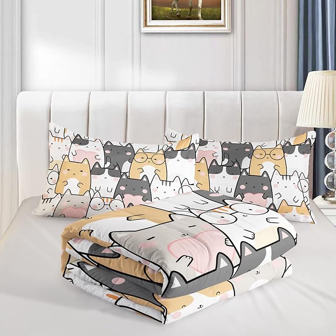 Kawaii Cat Comforter Twin Size,Cats Comforter Set for Kids Teens Girls Boys,3Pcs Bedding Set Printed Comforter with 2 Pillowcases,Down Alternative,Soft and Lightweight，Twin Size