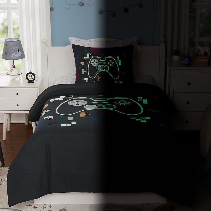 KALEIDOSPACE Kids Bedding Sets for Boys Girls, Glow in The Dark 5 Piece Gamer Twin Bed in A Bag, Ultra Soft Microfiber Kids Bedding for All Season (66"X86"